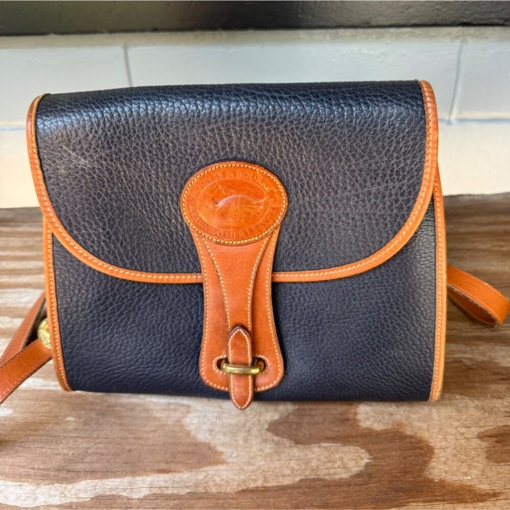 Dooney & Bourke Crossbody Bag Women’s 10” Black AWL Pebbled Leather Tan Trim